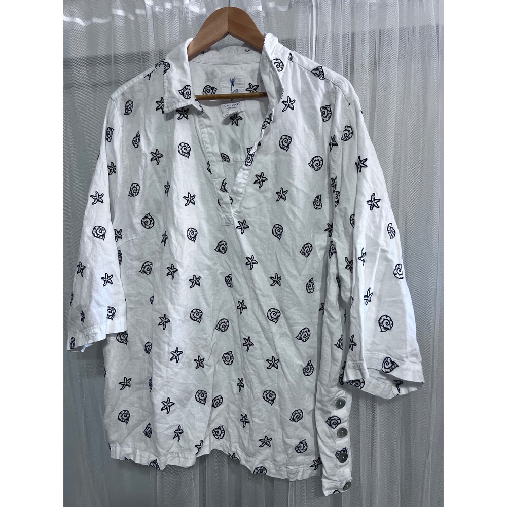 Calypso St‎ Barth Womens 3X Linen Seashell Starfish Embroidered Tunic Top White